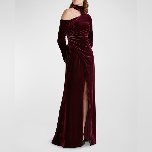 Zac PosenAsymmetric Long-Sleeve Mock-Neck Velvet Dress